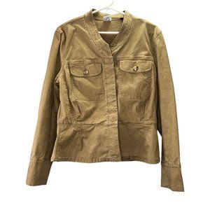 Cabi Camp Utility Jacket Blazer Khaki Canvas Peplum size M Tan Button Up Pockets